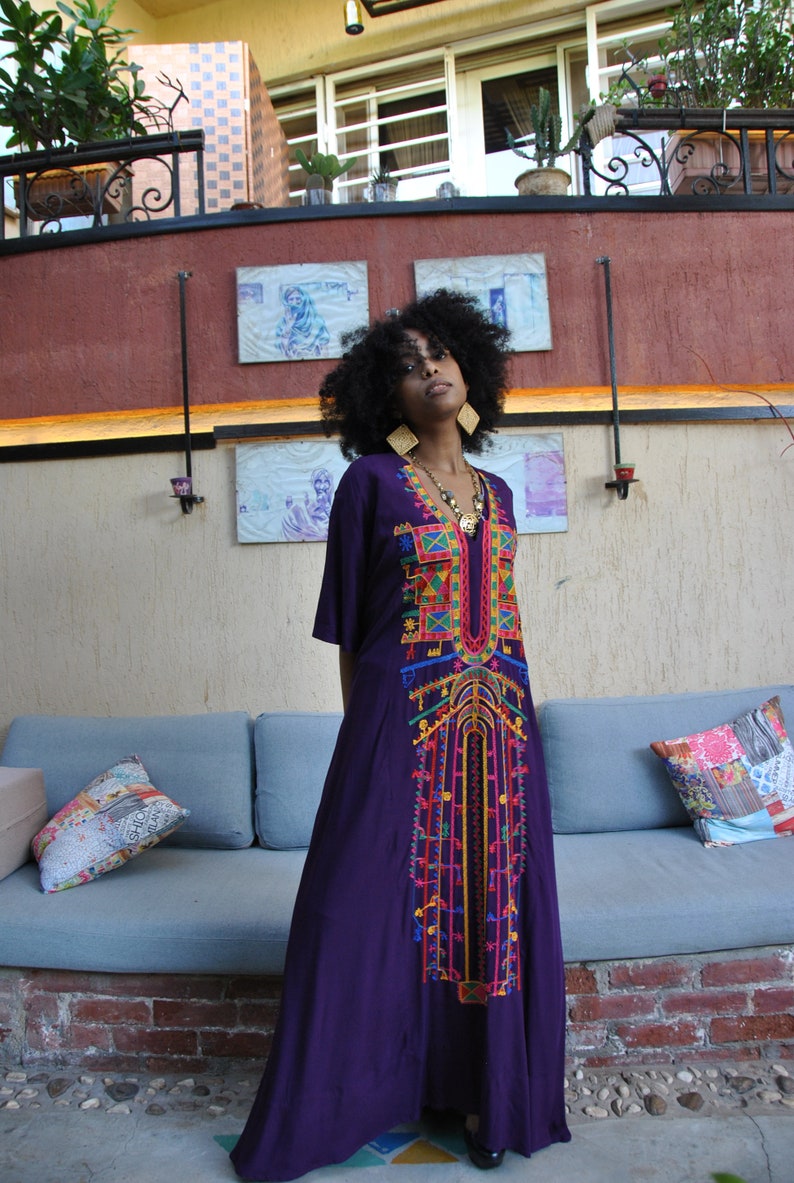 Purple Multicolor Embroidered Kaftan Dress