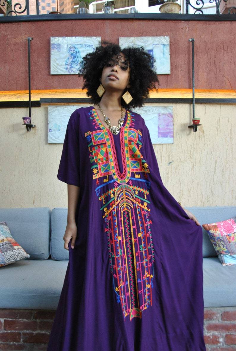 Purple Multicolor Embroidered Kaftan Dress