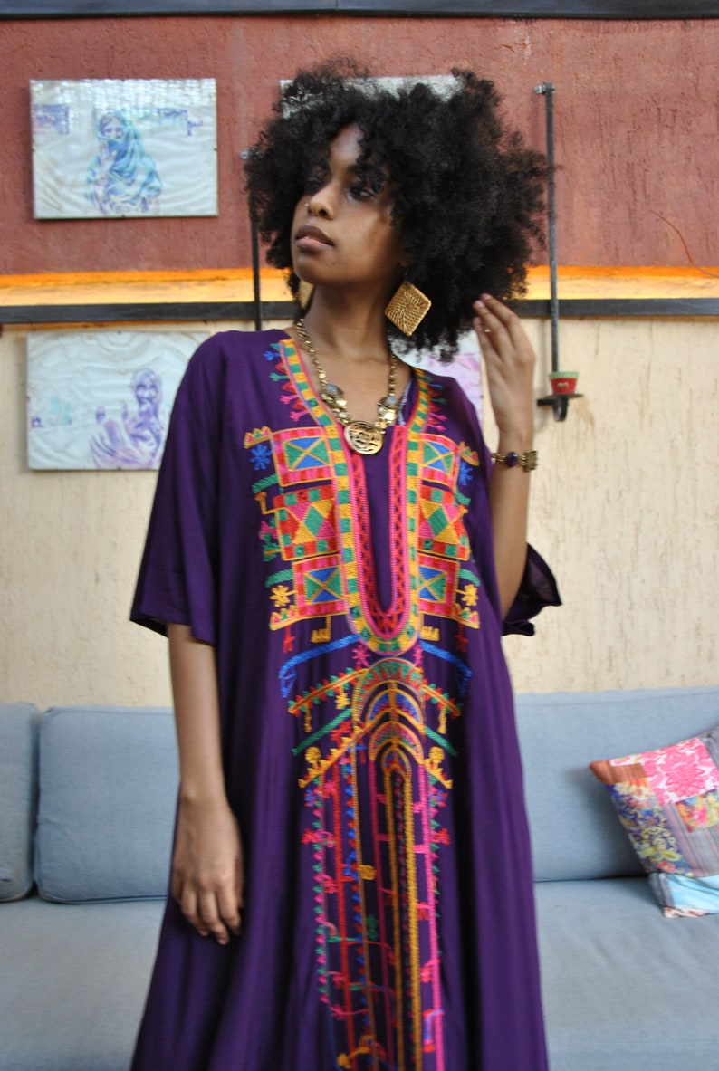 Purple Multicolor Embroidered Kaftan Dress