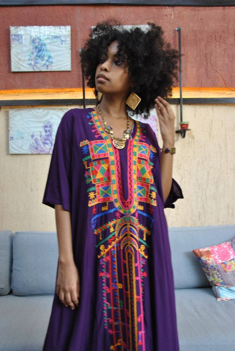 Purple Multicolor Embroidered Kaftan Dress