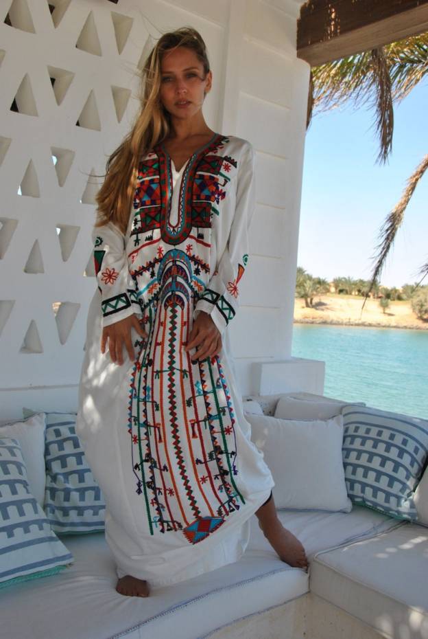 White Embroidered Cotton Caftan