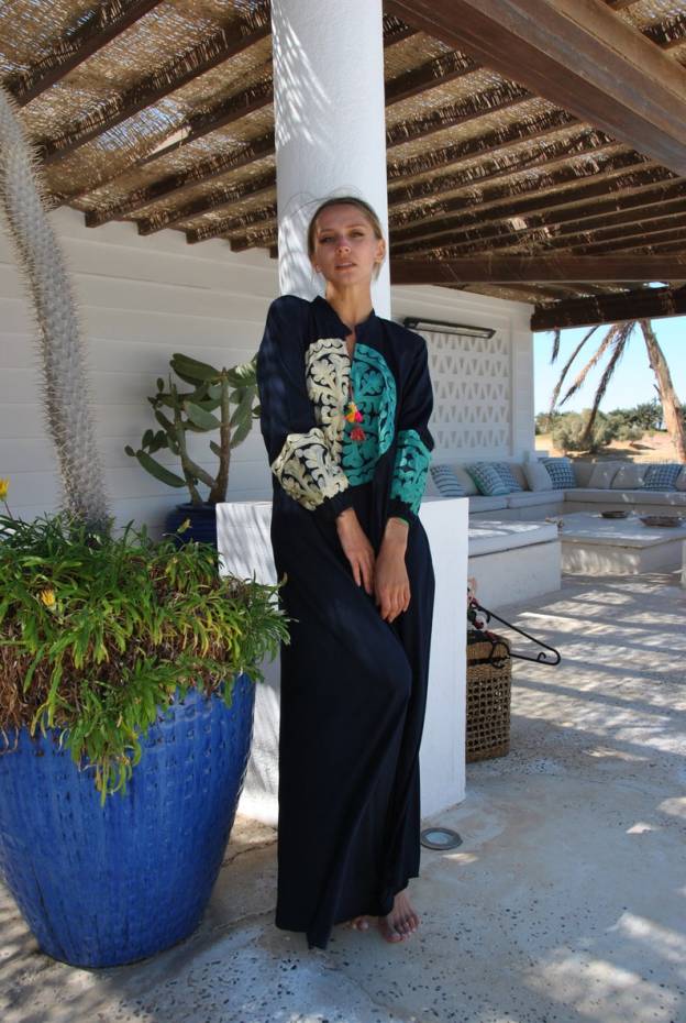 Bohemian Embroidered Navy Blue Caftan Dress