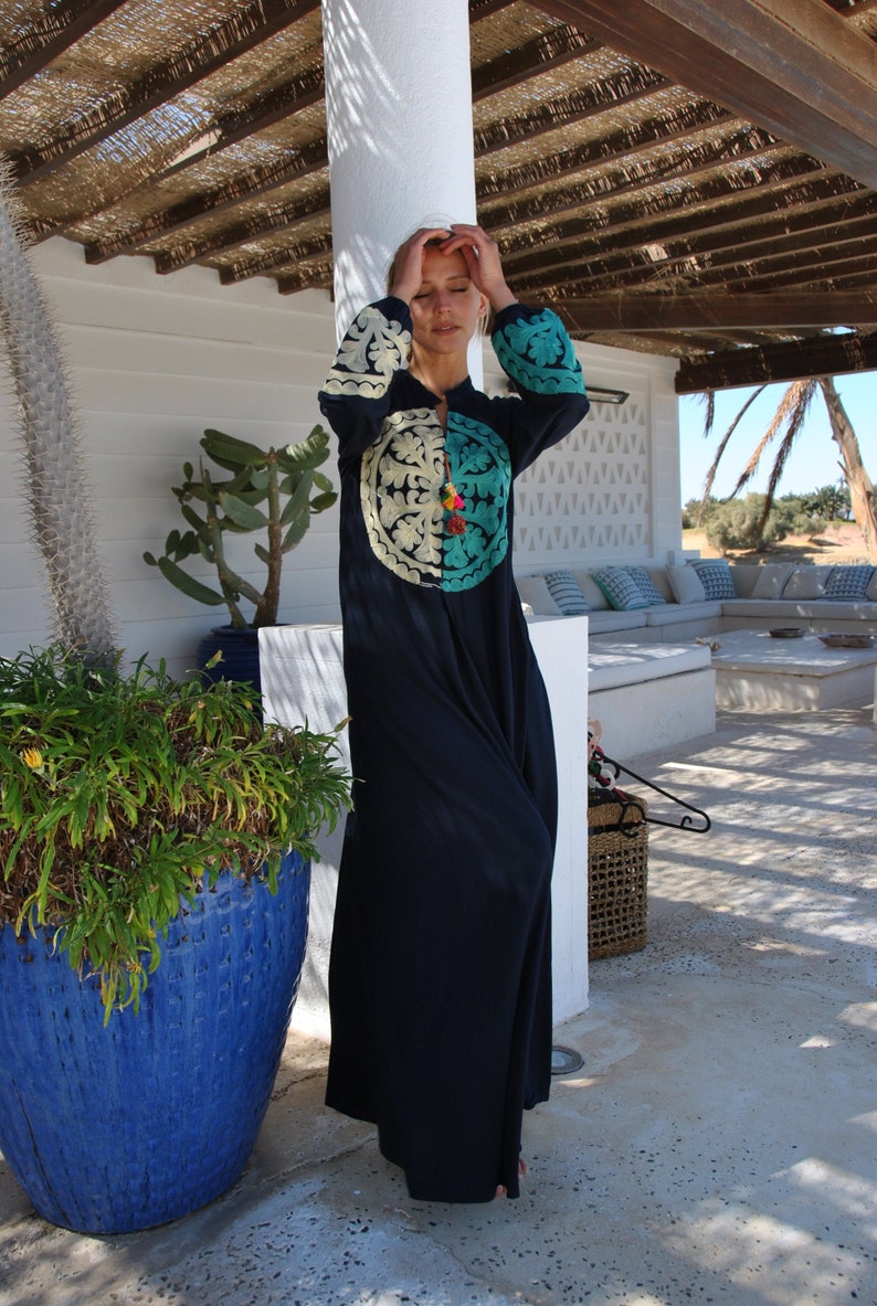 Bohemian Embroidered Navy Blue Caftan Dress