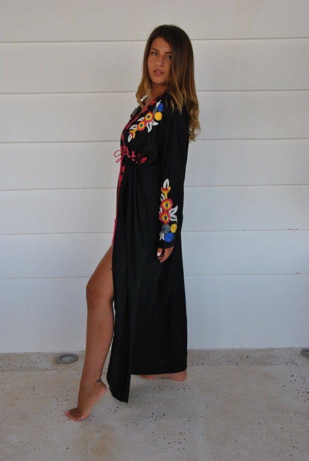 Black Birds Embroidered Caftan