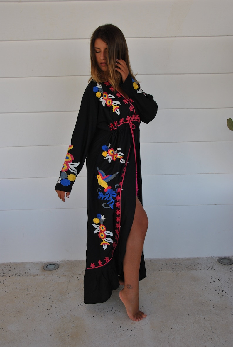 Black Birds Embroidered Caftan