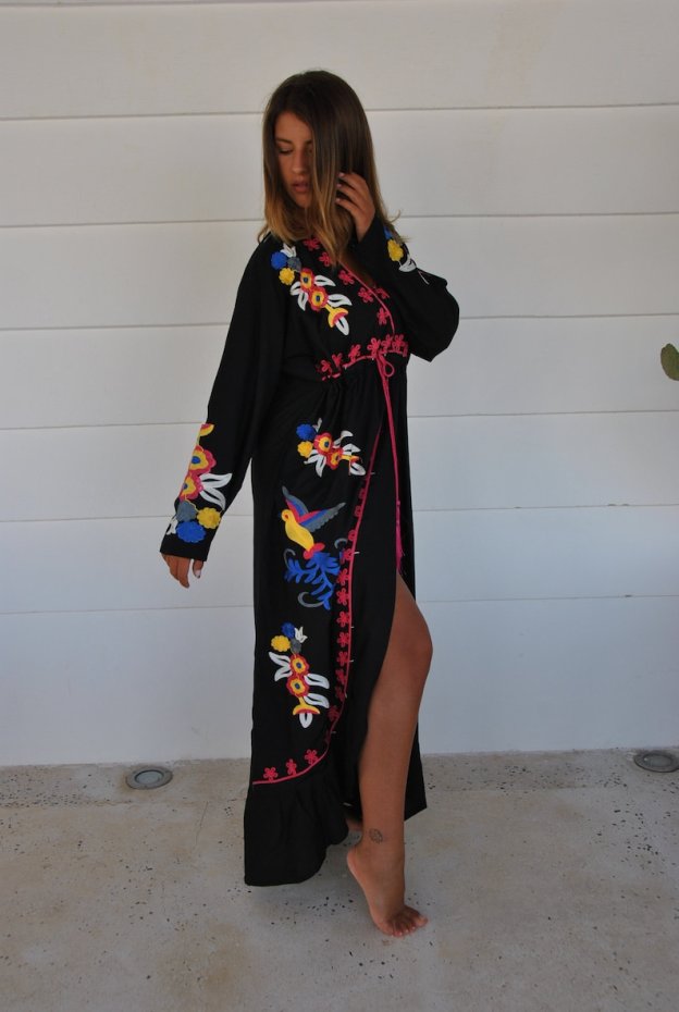 Black Birds Embroidered Caftan