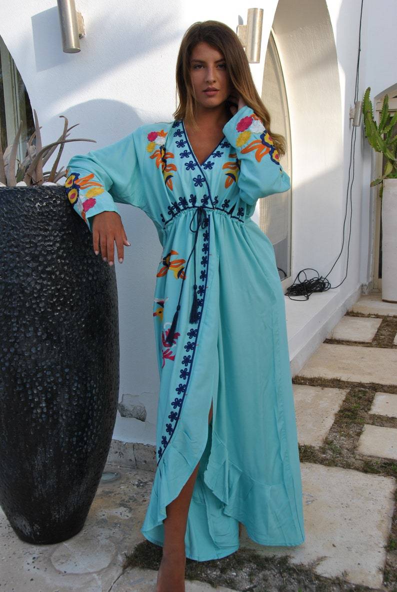 Turquoise Birds Embroidered Open Slit Cotton Caftan