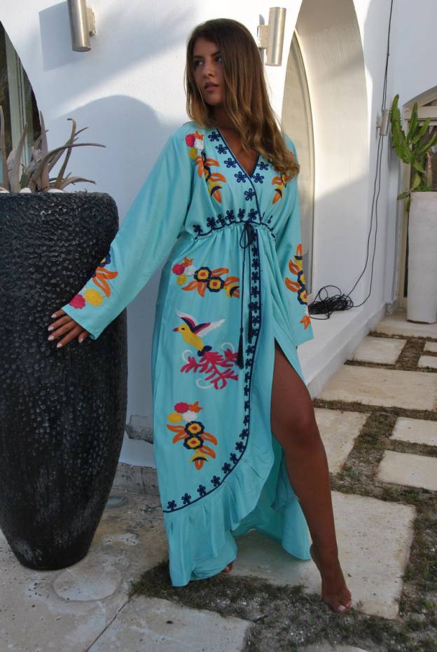 Turquoise Birds Embroidered Open Slit Cotton Caftan