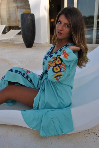 Turquoise Birds Embroidered Open Slit Cotton Caftan