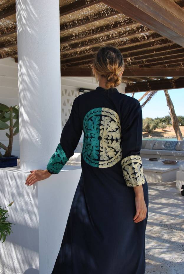 Bohemian Embroidered Navy Blue Caftan Dress