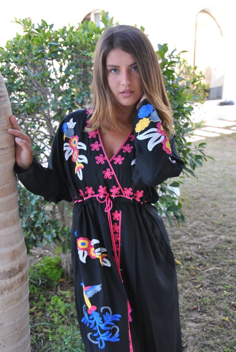 Black Birds Embroidered Caftan