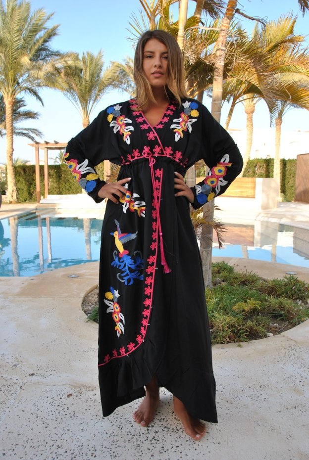 Black Birds Embroidered Caftan
