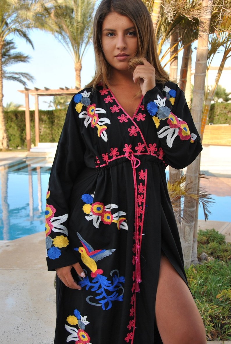 Black Birds Embroidered Caftan