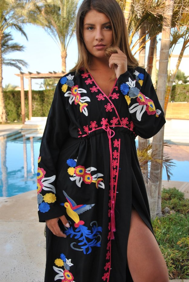 Black Birds Embroidered Caftan