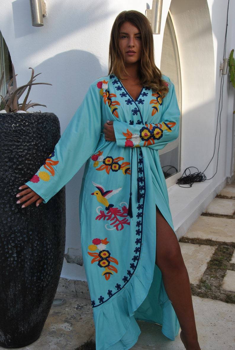 Turquoise Birds Embroidered Open Slit Cotton Caftan
