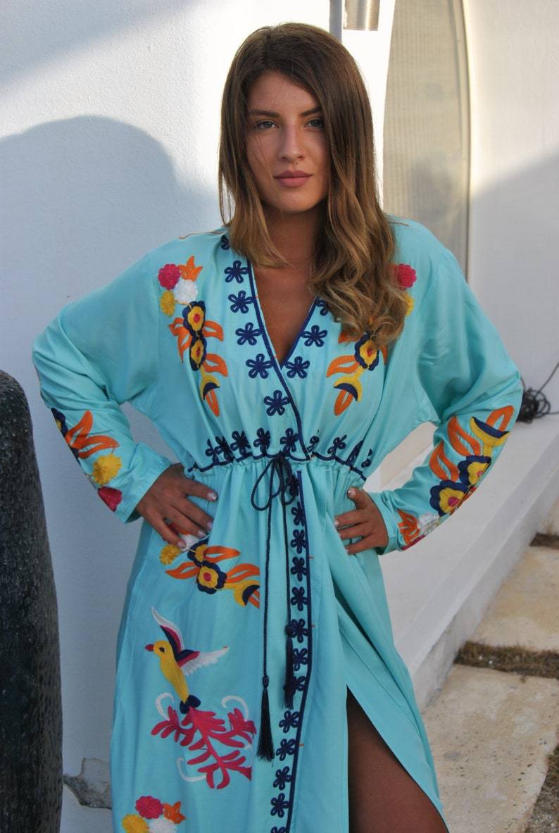 Turquoise Birds Embroidered Open Slit Cotton Caftan
