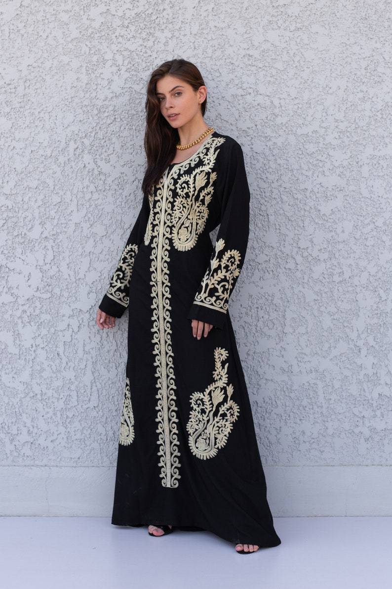 Royal Black Embroidered Cotton Caftan for Women