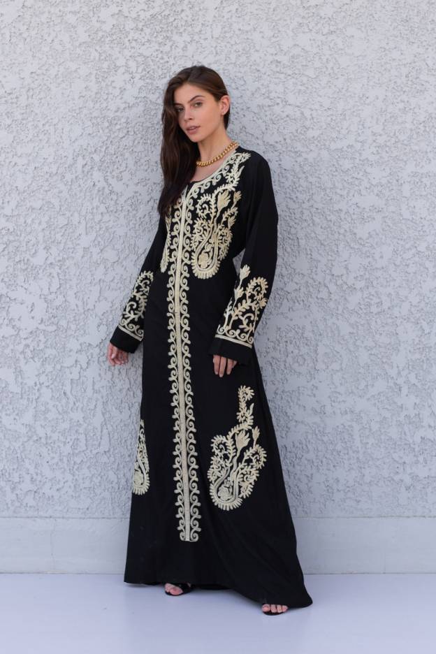 Royal Black Embroidered Cotton Caftan for Women