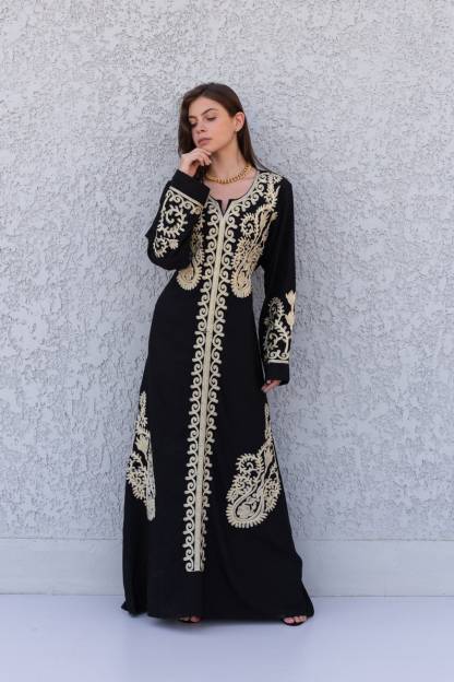 Royal Black Embroidered Cotton Caftan for Women