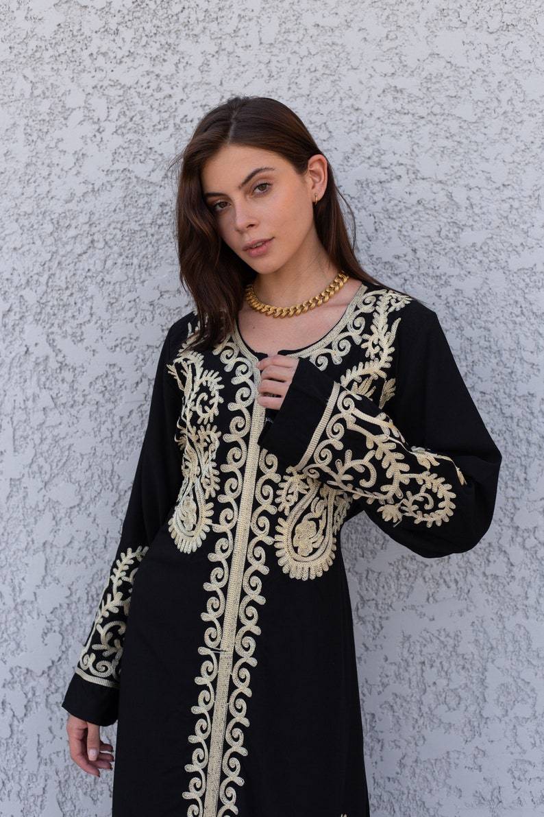 Royal Black Embroidered Cotton Caftan for Women