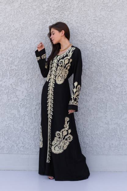 Royal Black Embroidered Cotton Caftan for Women