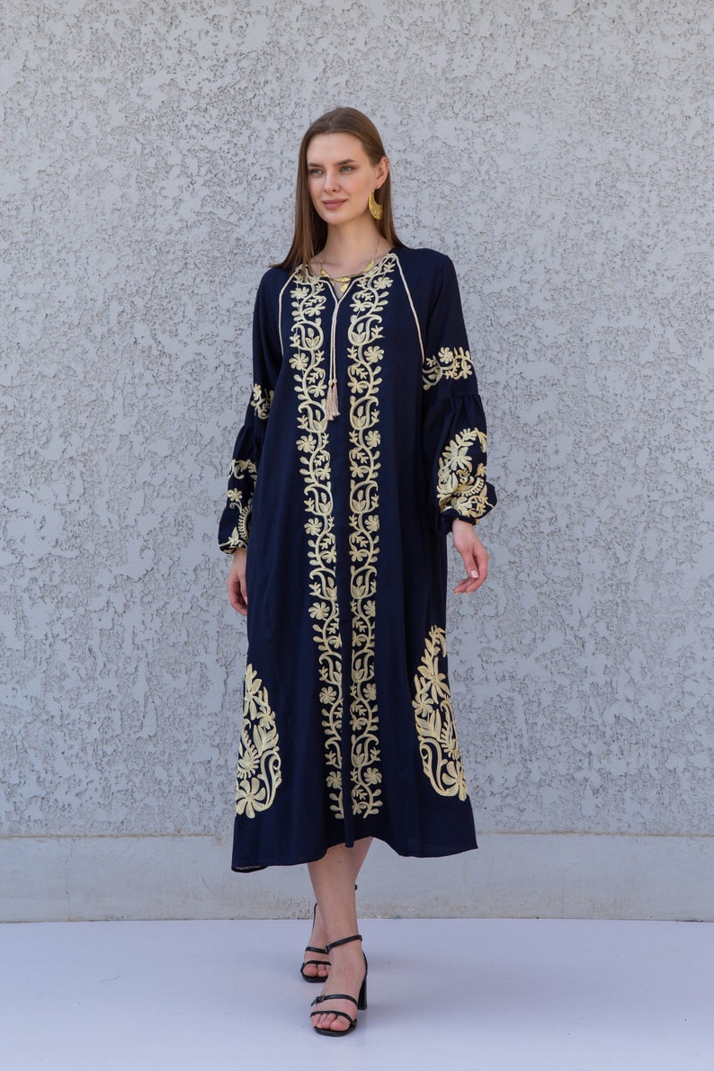 Ethnic Embroidered Navy Blue Cotton Kaftan Dress