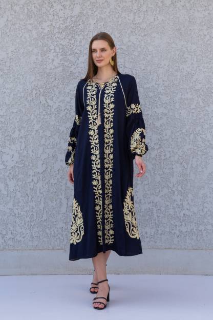 Ethnic Embroidered Navy Blue Cotton Kaftan Dress