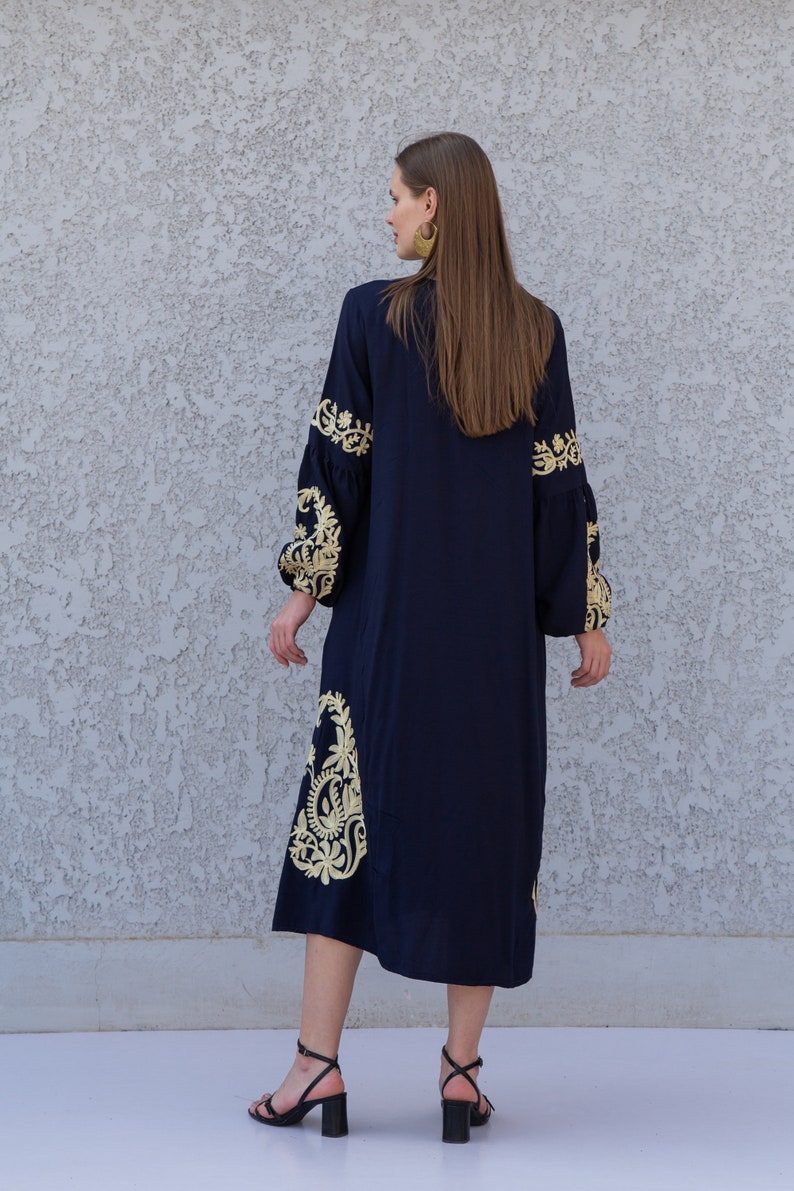 Ethnic Embroidered Navy Blue Cotton Kaftan Dress