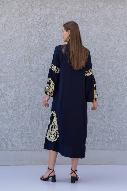 Ethnic Embroidered Navy Blue Cotton Kaftan Dress
