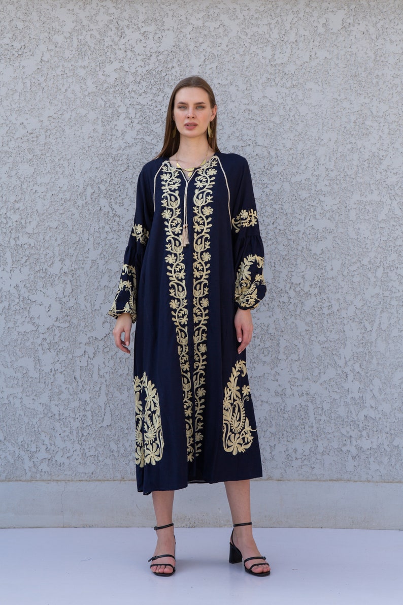 Ethnic Embroidered Navy Blue Cotton Kaftan Dress