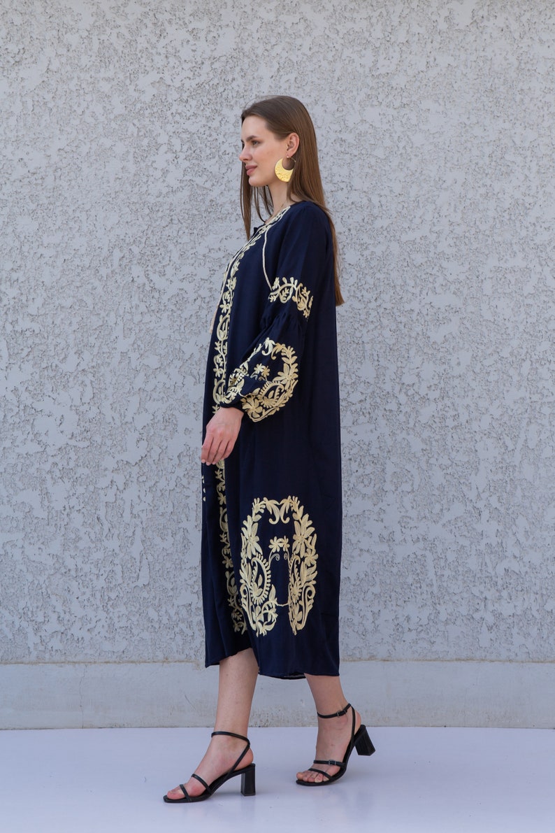 Ethnic Embroidered Navy Blue Cotton Kaftan Dress