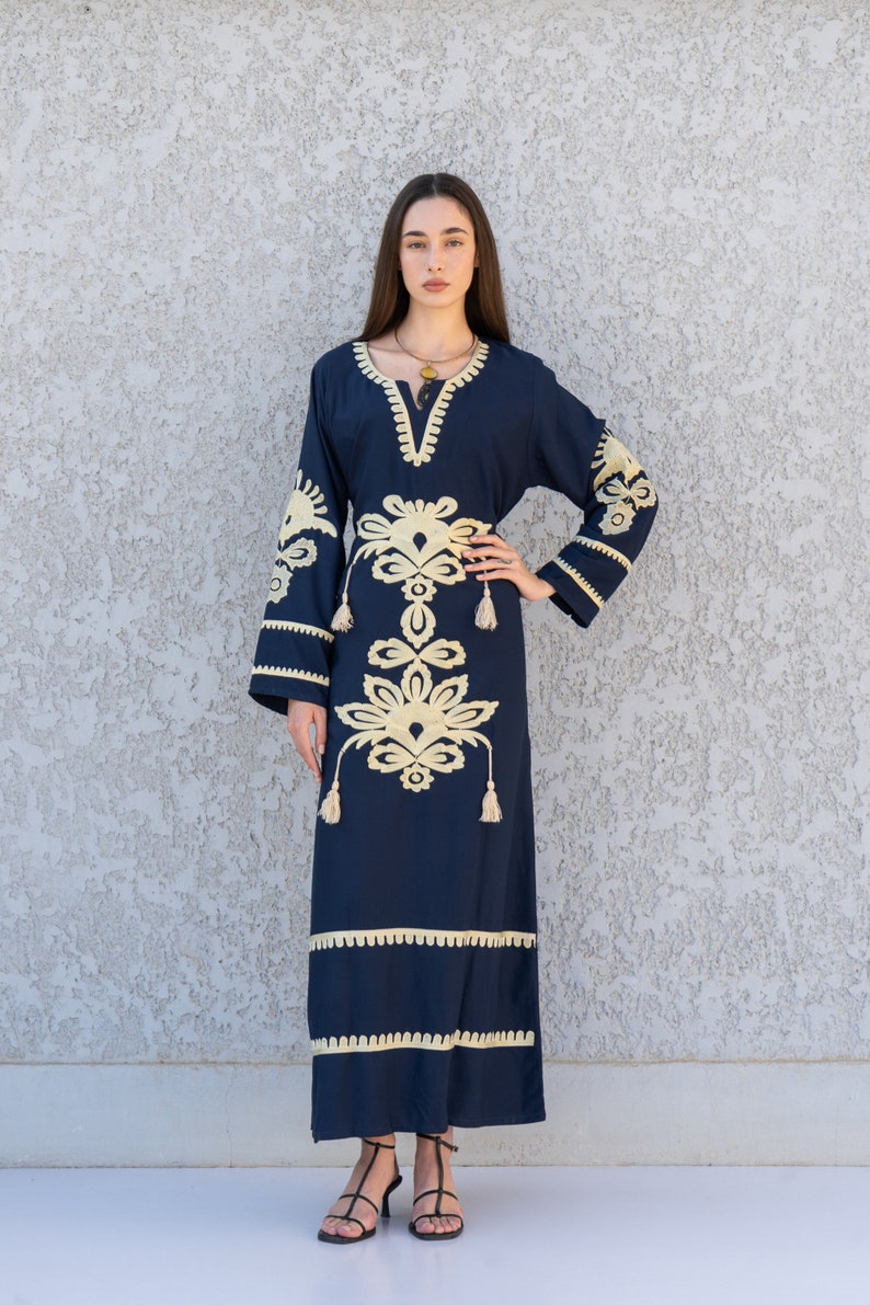 Navy Blue Cotton Kaftan Dress