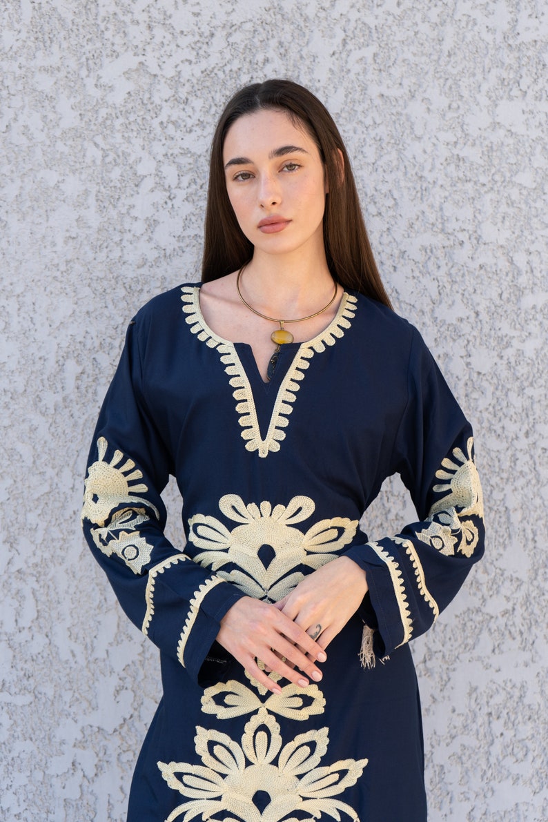 Navy Blue Cotton Kaftan Dress