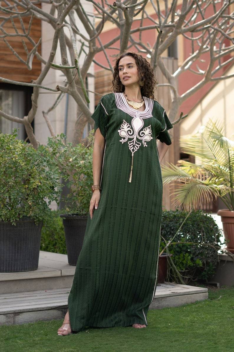 Striped Linen Green Hand Embroidered Caftan for Women