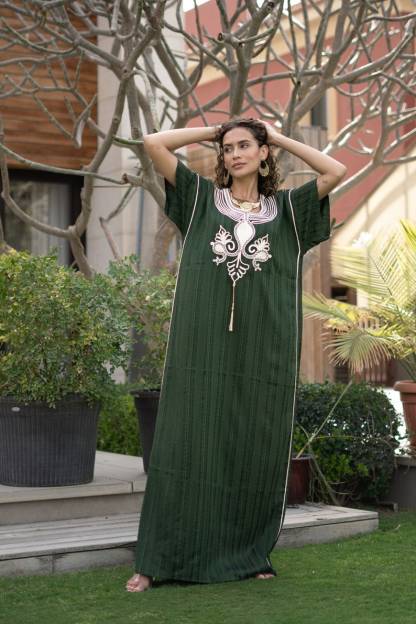 Striped Linen Green Hand Embroidered Caftan for Women