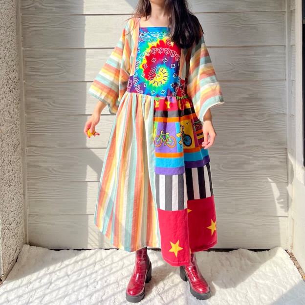 Rainbow&Vintage Fabric | Handmade Quilted Bandana Dress SKU 06052