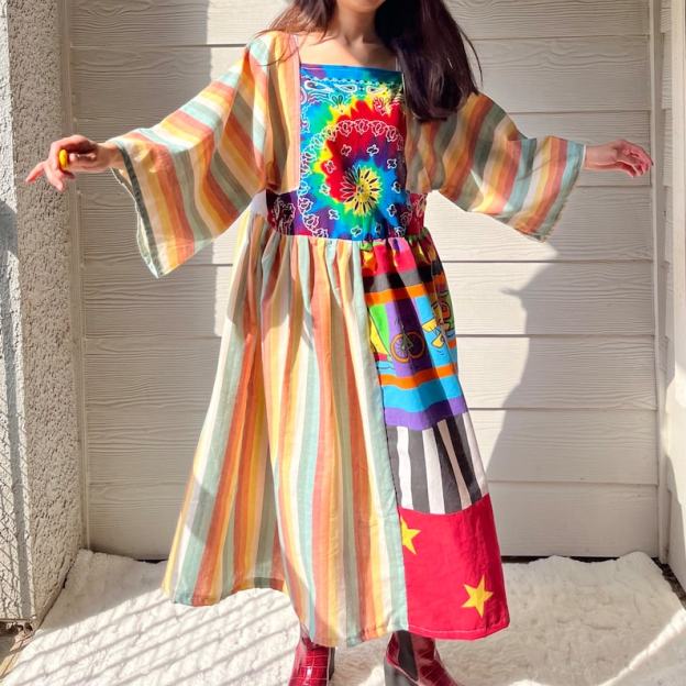 Rainbow&Vintage Fabric | Handmade Quilted Bandana Dress SKU 06052