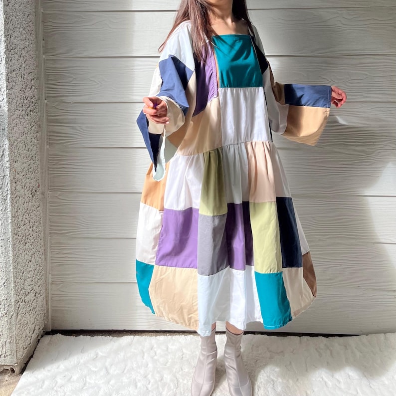 Handmade Quilted Patchwork Colorblock Dress SKU 06188 Square/Netural