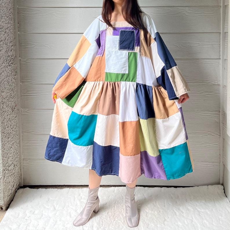 Handmade Quilted Patchwork Colorblock Dress SKU 06188 Square/Netural