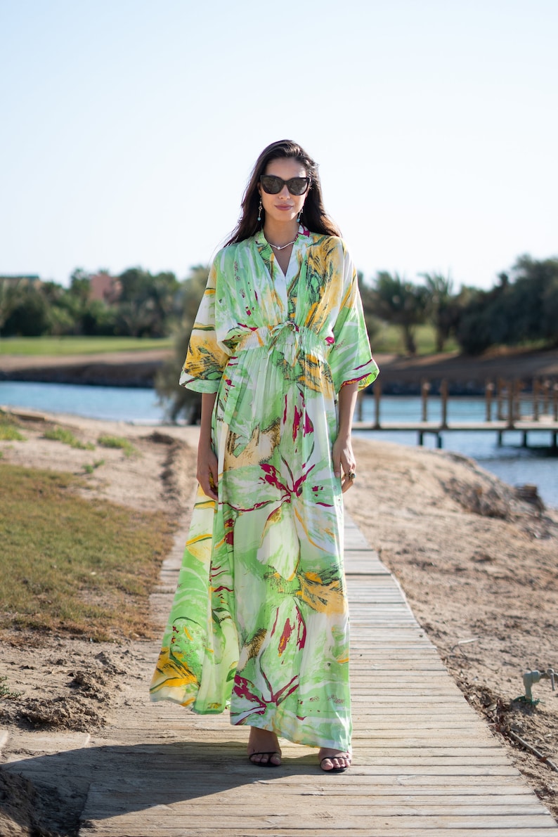 Beautiful Lime Green Cotton Caftan Maxi Dress