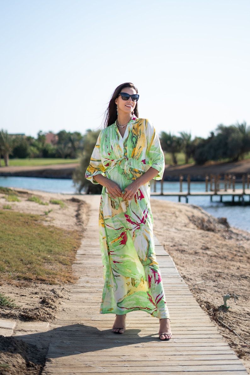 Beautiful Lime Green Cotton Caftan Maxi Dress