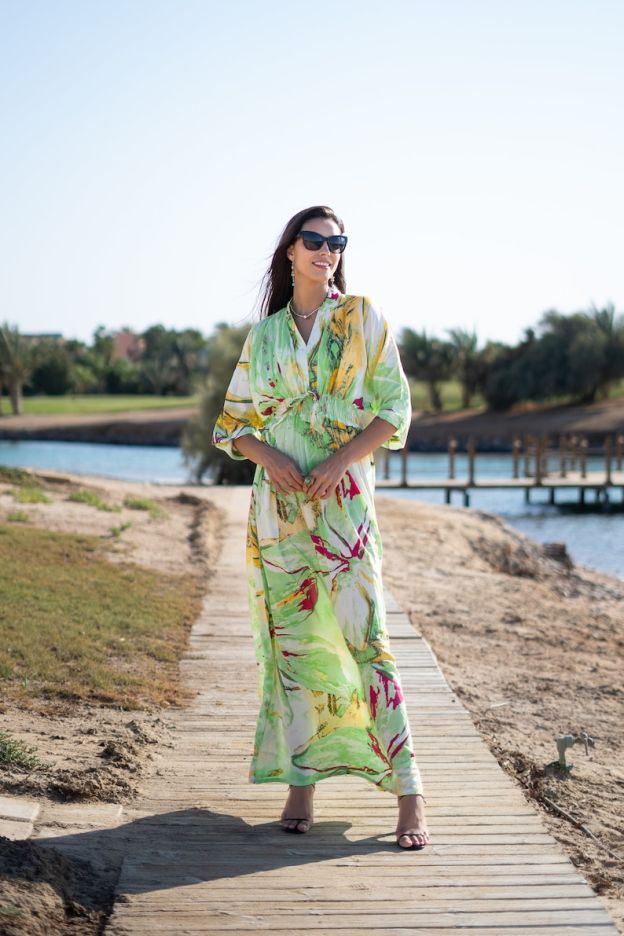 Beautiful Lime Green Cotton Caftan Maxi Dress