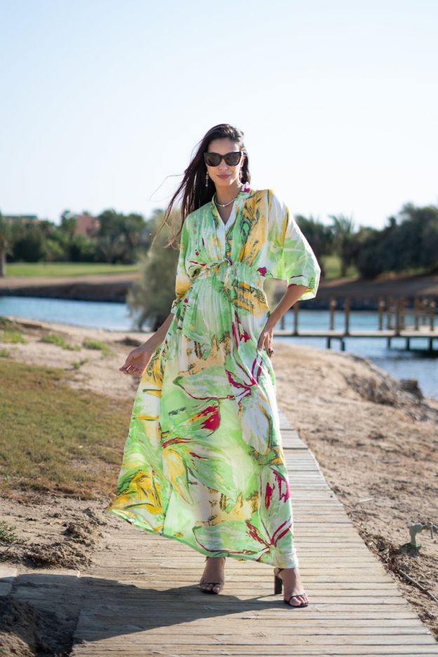 Beautiful Lime Green Cotton Caftan Maxi Dress