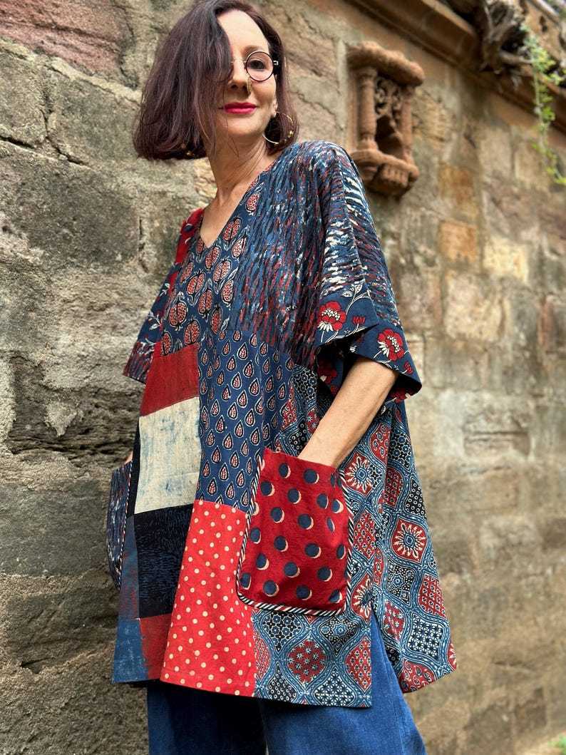 Simple Cotton Patchwork Kaftan Top