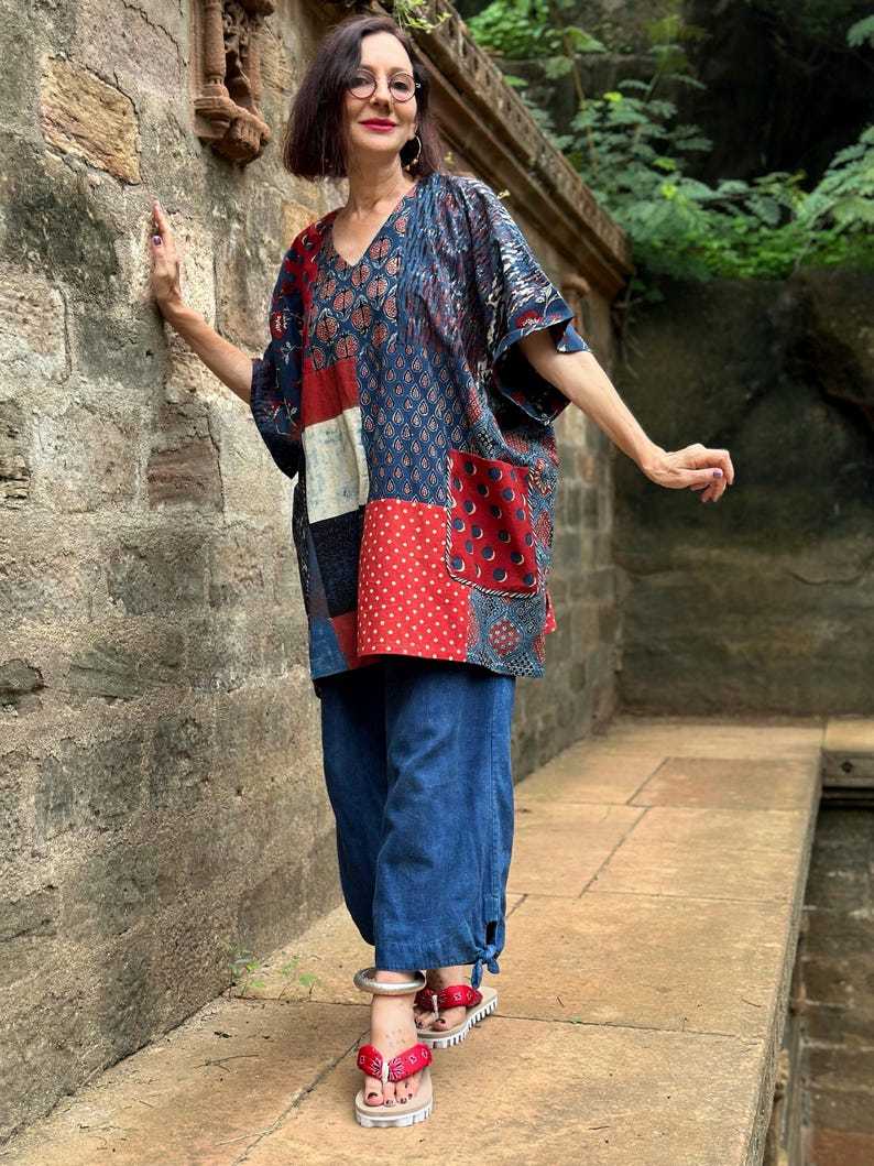Simple Cotton Patchwork Kaftan Top