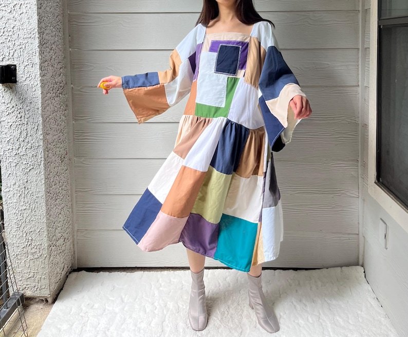 Handmade Quilted Patchwork Colorblock Dress SKU 06188 Square/Netural