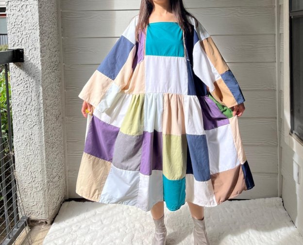 Handmade Quilted Patchwork Colorblock Dress SKU 06188 Square/Netural