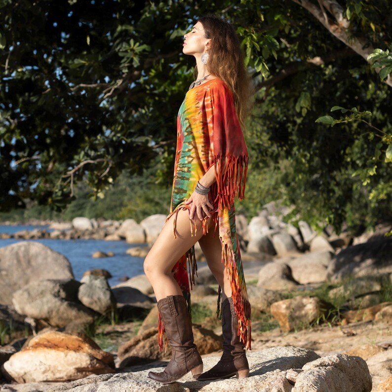 Hand Dyed Autumn Burst Tie-Dye Fringe Tunic Dress