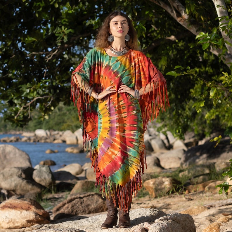 Hand Dyed Autumn Burst Tie-Dye Fringe Tunic Dress
