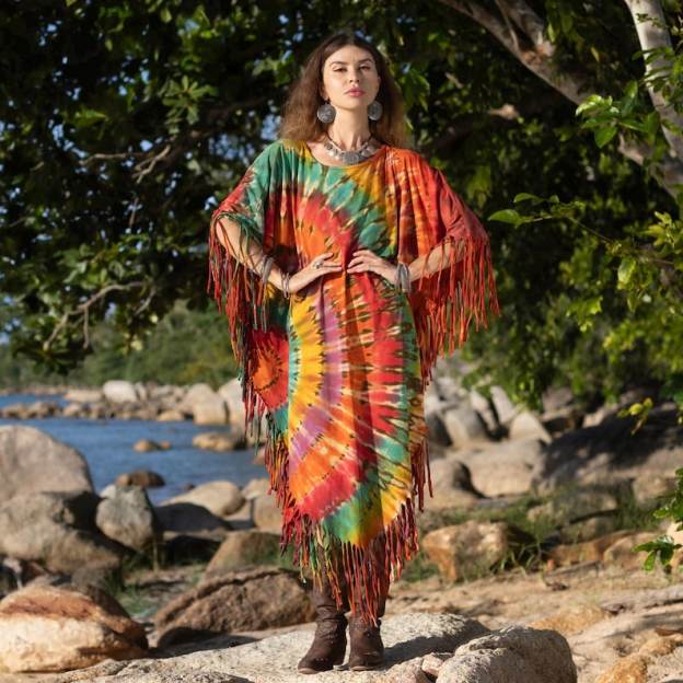 Hand Dyed Autumn Burst Tie-Dye Fringe Tunic Dress